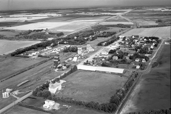 Aerial view of the grain elevators at Kenton
