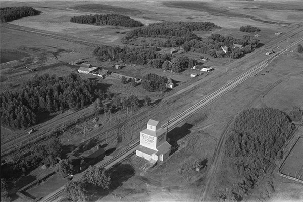 Aerial view of Ogilvie grain elevator at Keyes