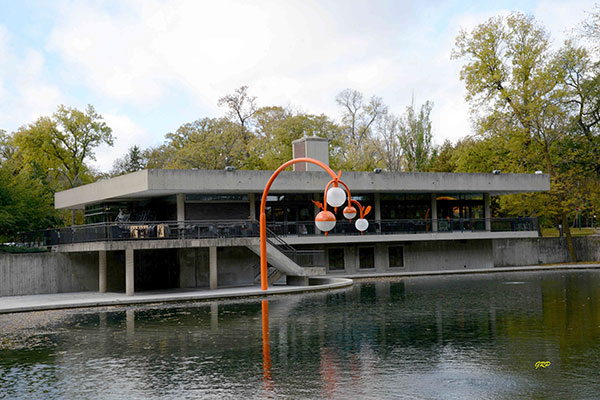 Peguis Pavilion with Bokeh lights surrounding the duck pond