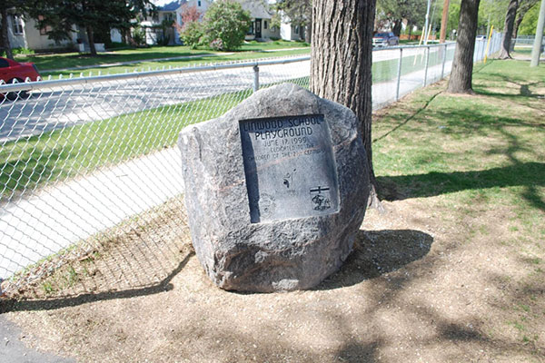 Commemorative monument in the Linwood School playground at N49.88065 W97.22902