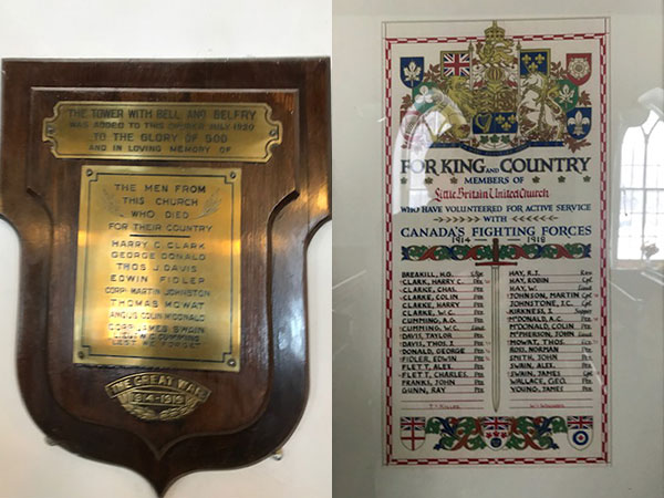 Commemorative plaques inside Little Britain United Church