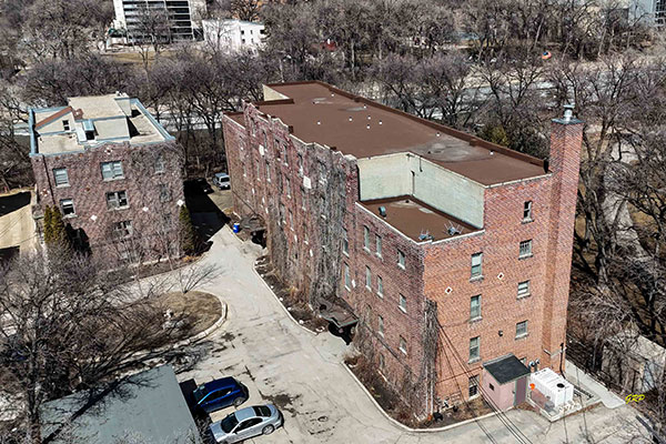 Aerial view of Locarno Apartments A at left and B and right
