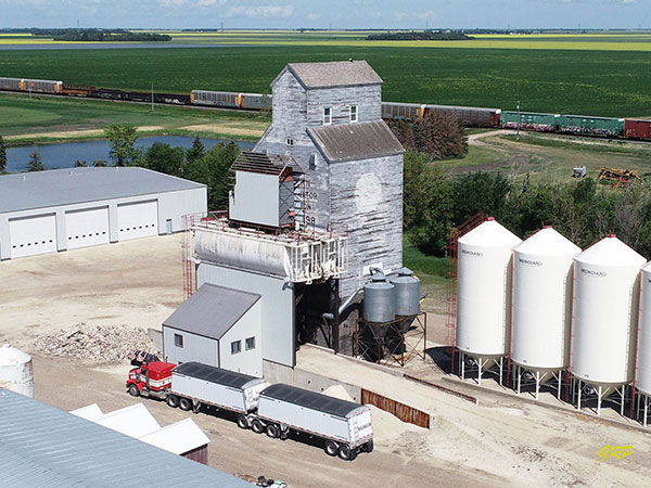 Aerial view of the former Manitoba Pool grain elevator from Longburn