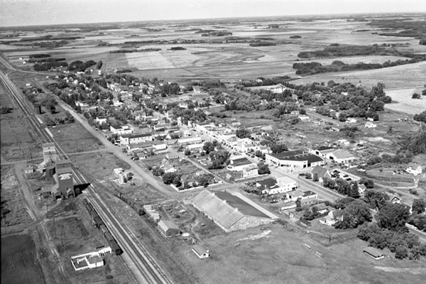 Aerial view of grain elevators at MacGregor