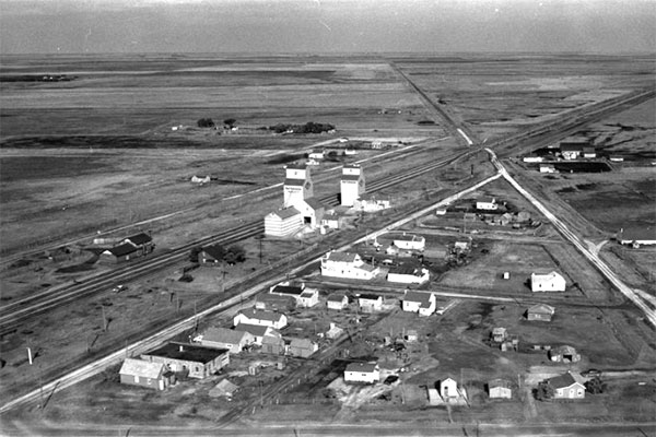 Aerial view of grain elevators at Marquette