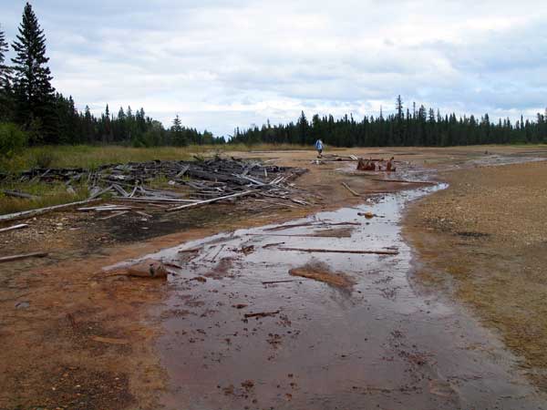 Salt water flows from the well crib at the site of the abandoned McArdle salt works near Lake Winnipegosis, August 2005. The forest does not encroach on the extensive gravel flats in the background due to extremely high salinity in the soil.