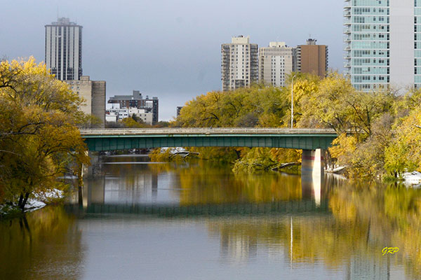 Midtown Bridge with commemorative plaque along pedestrian access stairway, located at N49.88524, W97.13870