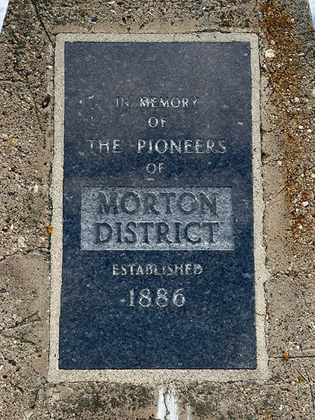 Closeup of plaque on the Morton pioneers commemorative monument