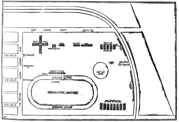 Map of the Old Exhibition Grounds, with north to bottom, Sinclair Street at left, Jarvis Street at top