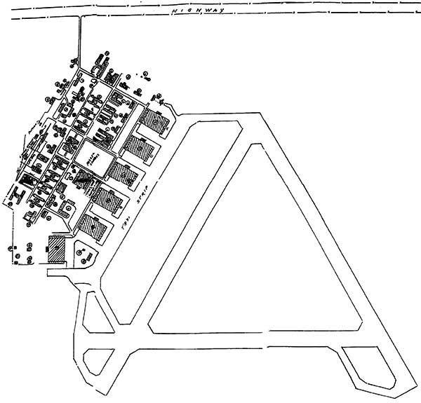 Map of the No. 7 Bombing and Gunnery School, showing six aircraft hangars adjacent to a taxi strip, from which training aircraft could travel to any of three runways