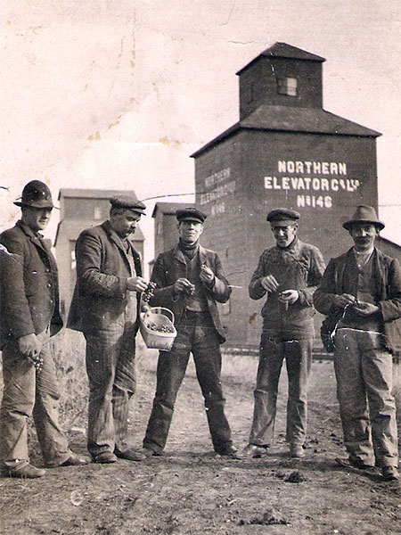Grain buyers at the Northern grain elevator at Pettapiece (left to right): Howard Spearin, John Shanks, J. T. Shanks, ?, and William Brough