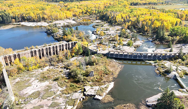 Aerial view of the former Pinawa Hydroelectric Power Dam