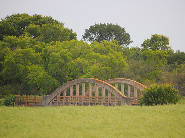 Abandoned concrete bowstring arch bridge #734 over Plum Creek