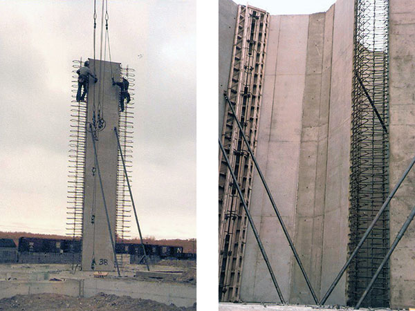 Pre-cast concrete panels being lifted into place during construction of the Quadra elevator