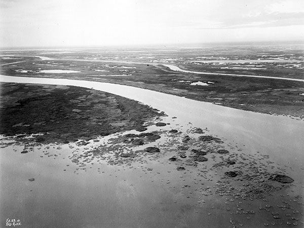 Aerial view of the Red River mouth with the expansive Netley-Libau Marsh in the background