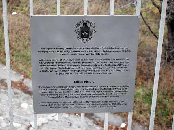 Commemorative sign on the Harry Lazarenko Bridge