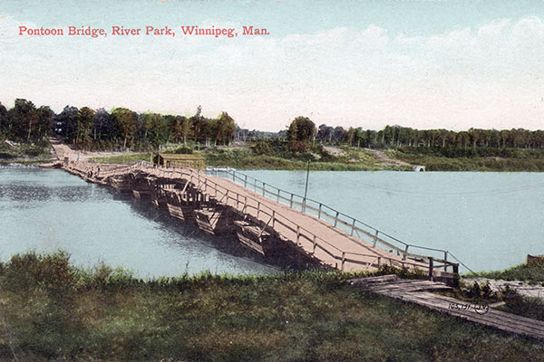 Postcard view of pontoon bridge over the Red River to River Park
