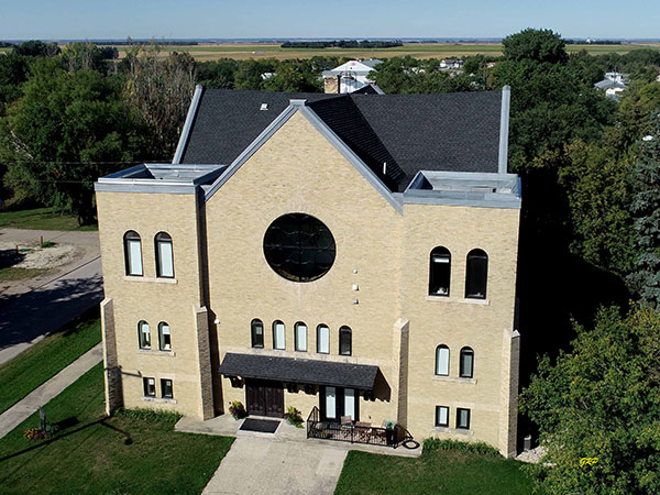 Aerial view of the former Roland United Church building