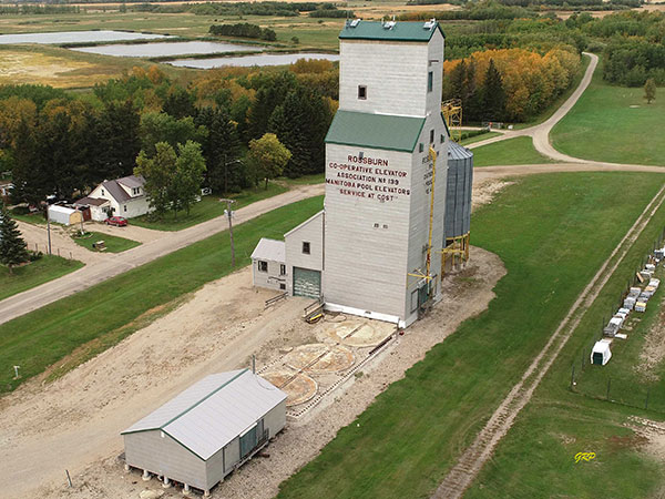 Aerial view of the former Manitoba Pool grain elevator at Rossburn