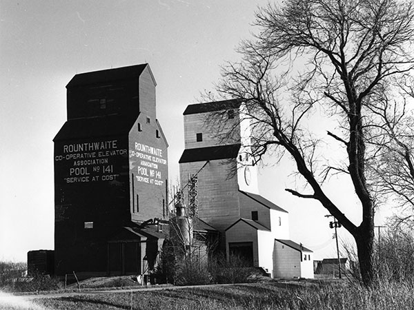 Manitoba Pool grain elevators at Rounthwaite, with the A in the foreground and the newly constructed B in the background