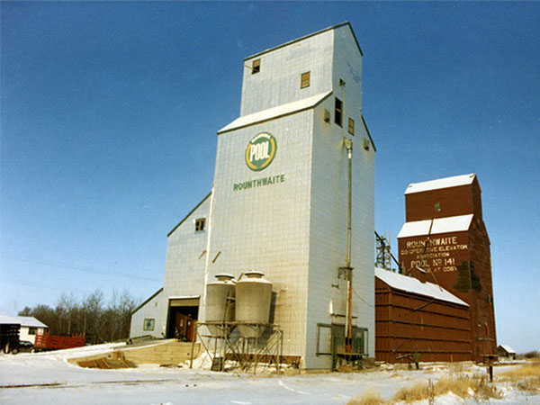 Manitoba Pool grain elevators at Rounthwaite, with the B in the foreground and A in the background