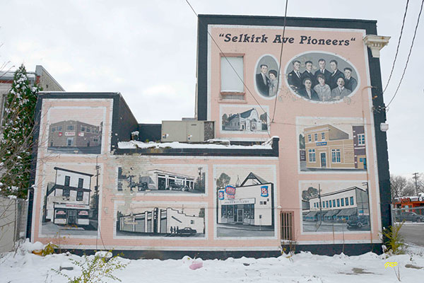 Back wall mural of the former Royal Bank Building on Selkirk Avenue