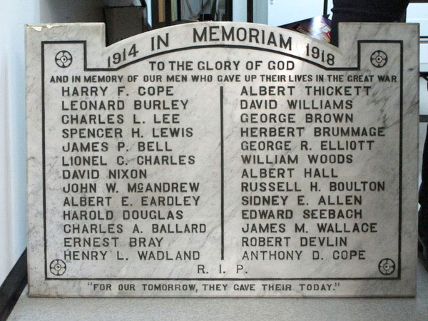First World War memorial tablet in Christ Church Anglican at Russell