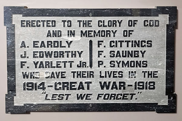 First World War commemorative plaque in the Salvation Army church at Brandon