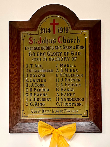 First World War honour roll in St. John’s Memorial Church in Bethany