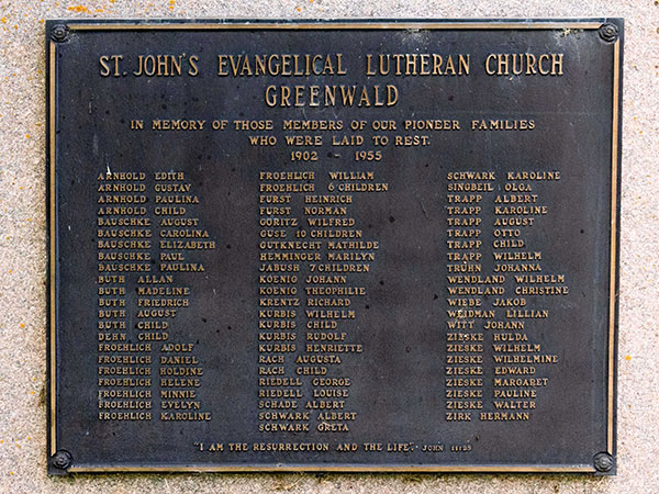 Commemorative plaque in St. John&rsquo;s Evangelical Lutheran Old Cemetery