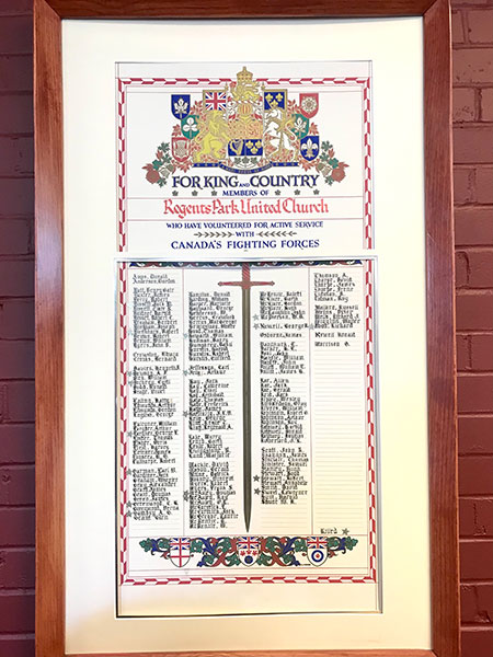 Second World War commemorative plaque for Regents Park United Church