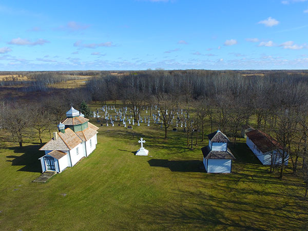 Aerial view of the Old St. Michael’s Ukrainian Orthodox Church and its associated cemetery