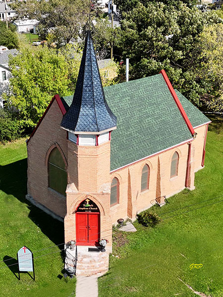Aerial view of St. Paul&rsquo;s Anglican Church at Wawanesa