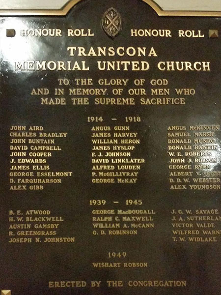 Military memorial plaque in the Transcona Memorial United Church