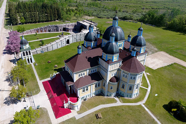 Aerial view of Ukrainian Catholic Church of the Immaculate Conception and its grotto