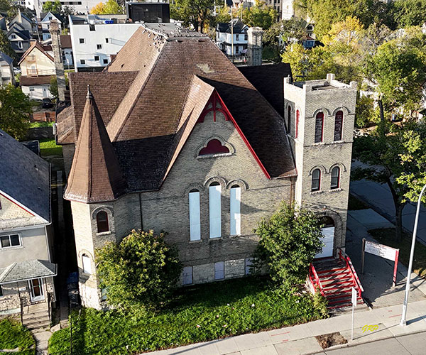 Aerial view of the former Wesley Methodist Church