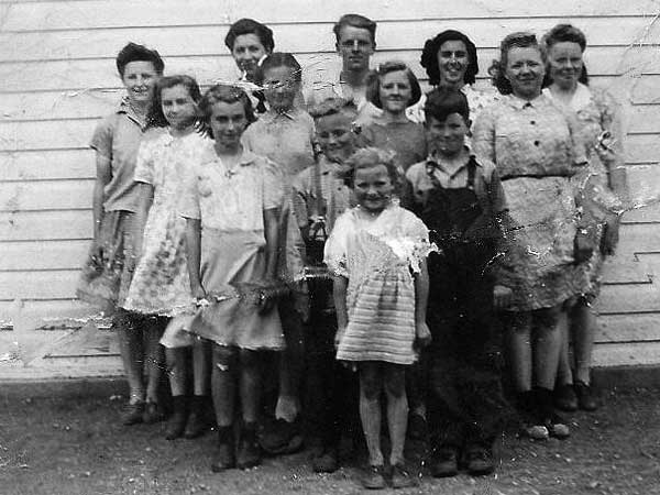 Among those shown in this group of Winchester School students are Laraine Post, Irvine Brown, Arthur Post, Yvonne Brock, Kenneth Brock, Patsy Ford, Sylvia Hume, and Shirley Ford
