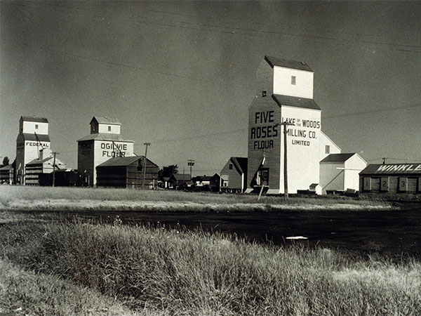 Grain elevators at Winkler, from left to right, Federal Grain, Ogilvie Flour, and Lake of the Woods Milling