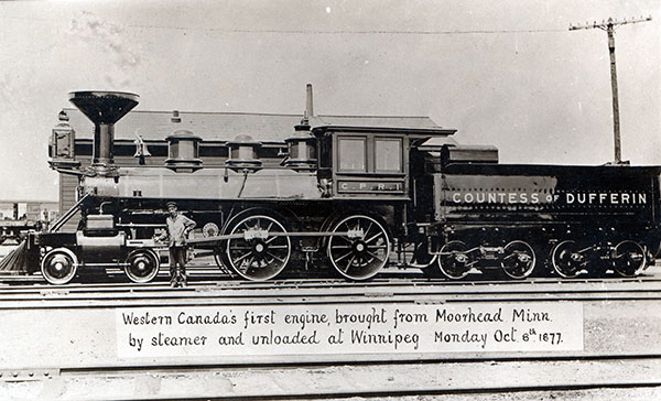 Countess of Dufferin, the first steam locomotive in western Canada, which arrived at Winnipeg on 8 October 1877