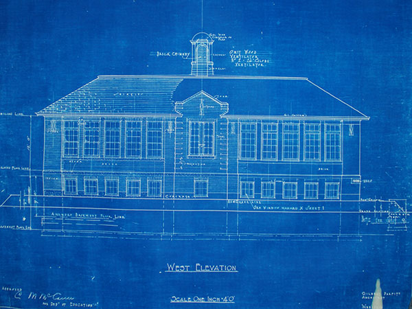 Blueprint of west elevation for Woodhaven School