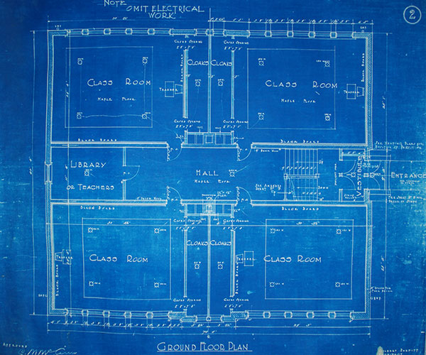 Blueprint of basement floor plan for Woodhaven School