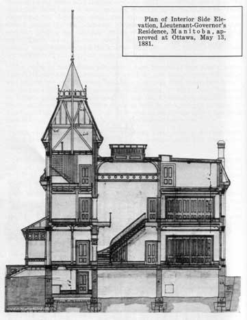 Plan of interior side elevation, Lieutenant-Governor's residence, Manitoba, approved at Ottawa, 13 May 1881