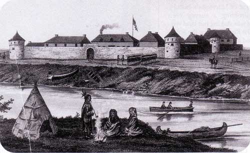 Upper Fort Garry with&nbsp;Red River Expeditionary Force at drill, 1870.
