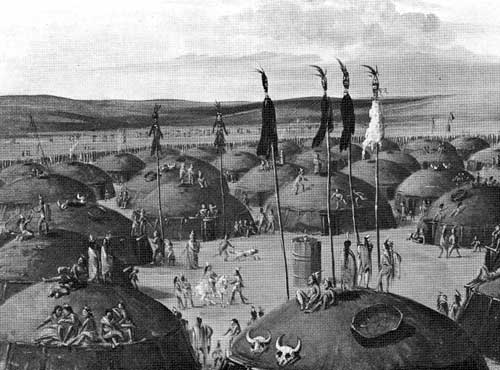 View of a large sedentary village of the Mandans along the Missouri River in&nbsp;North Dakota.&nbsp;Painted by&nbsp;George Catlin, 1837-39.