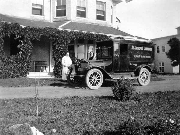 Laundry for bread. Marymound supported its programming through the operation of St. Joseph&rsquo;s Laundry, seen in this 1925 view. The Fort Garry Hotel was a major supporter, exchanging bread for laundry service