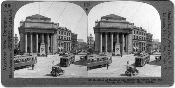 A busy intersection. The Bank of Montreal&rsquo;s grand office building