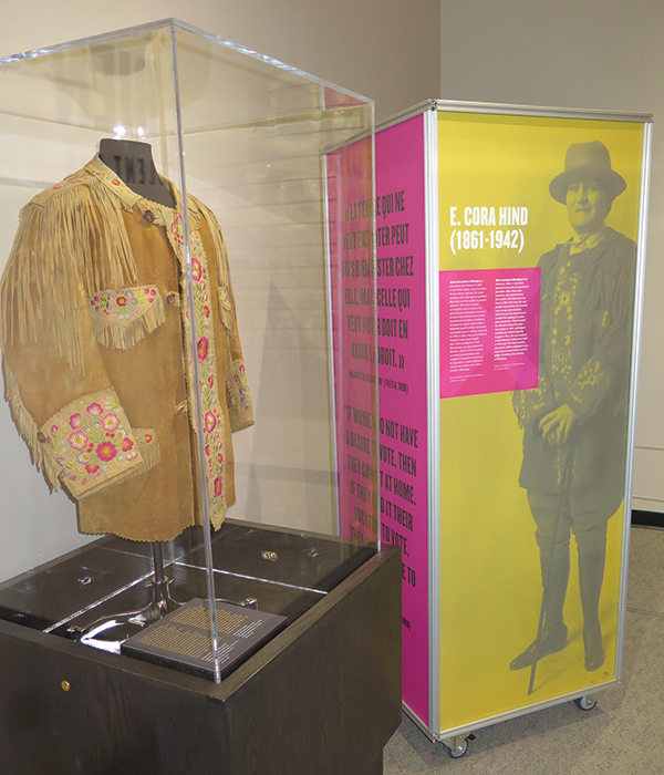 An intricately beaded buckskin jacket once worn by journalist and women&rsquo;s advocate, Cora Hind.