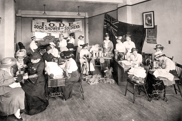 &ldquo;Sock Shower for Soldiers.&rdquo; Support on the home front in western Canada was an important part of the war effort. These women, members of the Imperial Order Daughters of the Empire in Winnipeg, are knitting socks for soldiers at the front.