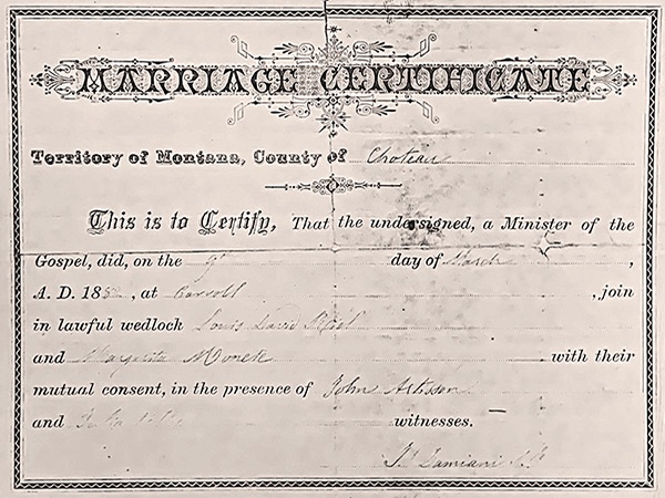 Louis Riel&rsquo;s marriage certificate to Marguerite Monet, 1882.