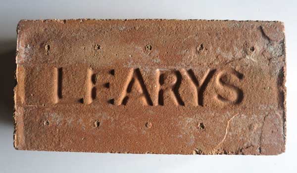 An early moulded brick from the Leary facility, with the Learys name stamped into the “green” shale before it was fired in the kiln